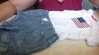 2-Artículos! Pantalones Cortos 4T Circo Denim Pull-On y Oshkosh Lentejuelas Bandera Plegable Slv Camiseta Foto 1 de 4