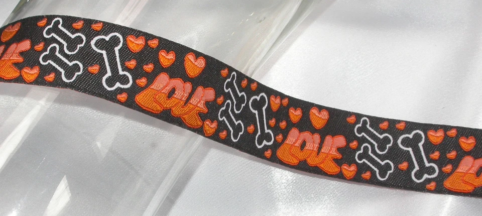 Jacquard Ribbon 1" Black White & Color Love Bones Dog *Colors* Polyester - Image 1 of 1
