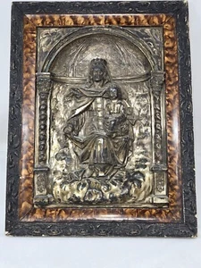 ANTIGUA MADONNA DE METAL DE ESTAÑO DE PLATA GENUINA CON PLACA DE PARED ENMARCADA PARA NIÑOS - Imagen 1 de 7