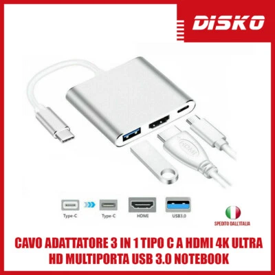 CAVO ADATTATORE 3 IN 1 TIPO C A HDMI 4K ULTRA HD MULTIPORTA USB 3.0 NOTEBOOK  - Immagine 1 di 4