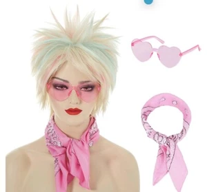 Short Blonde Wigs for Women Highlight Pink & Blue Wigs with Bandana and Glasses - Picture 1 of 6