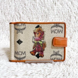 MCM Visetos Monogram Logo Authentic Money Clip Bill Wallet Card Case Ivory Camel - Picture 1 of 9