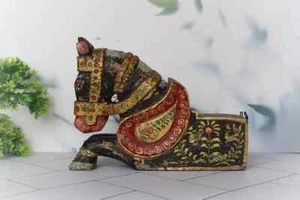 Old Wooden Decorative Horse Figurine Sculpture, Vintage Handpainted Black Golden - Picture 1 of 5