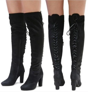 New Women Black Over the Knee Lace Up Thigh High Chunky Heel Boots - Picture 1 of 4