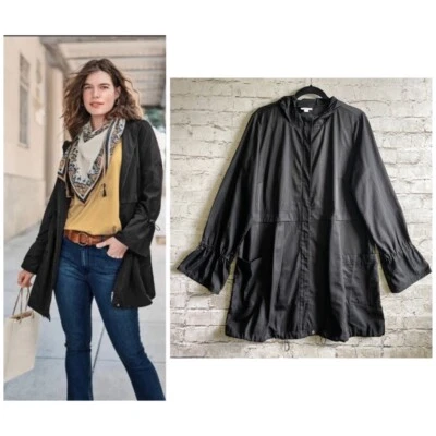 Jaqueta J. Jill preta alargada mangas alternadas e bainha plissada traseira tamanho grande - Imagem 1 de 4