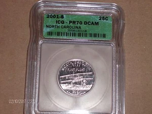 2001 S CLAD QUARTER NORTH CAROLINA  ICG PF 70 DEEP CAMEO "PERFECT" STATE QUARTER - Picture 1 of 2