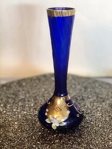 Czech Bohemian Cobalt Blue Glass Hand Painted Flowers Gold Gilt Trim Bud Vase - Picture 1 of 7