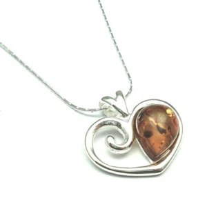 925 Argento Sterling Vera Ambra Baltica Cuore Ciondolo Collana Omaggio Borsa - Picture 1 of 1