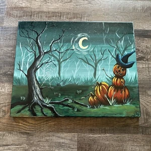 Halloween Stretched Canvas 2018 Signed By ALS Featuring A Jack O Lantern Witch - Picture 1 of 9