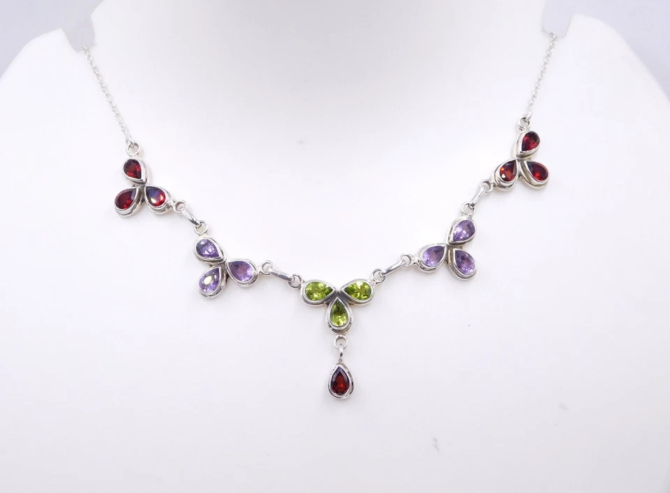 12.96 GM 925 Argento Sterling Naturale Multi Gemma Mano Collana Misura 50.8cm - Immagine 1 di 4