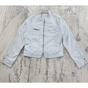 Cabi 925 Dobby Twill Cropped Moto Jacket Size L Light Blue Stretch Cotton Zip - Picture 1 of 10