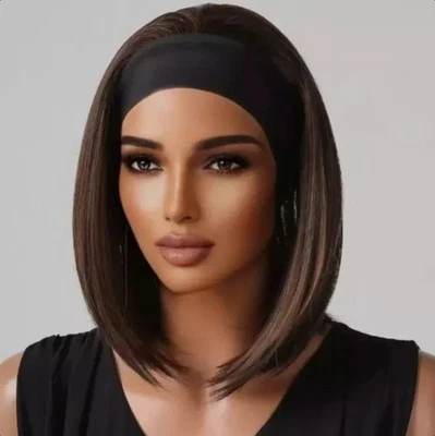 Pelucas de diadema sintéticas rectas cortas marrones para mujeres negras pelucas de pelo bob Foto 1 de 4