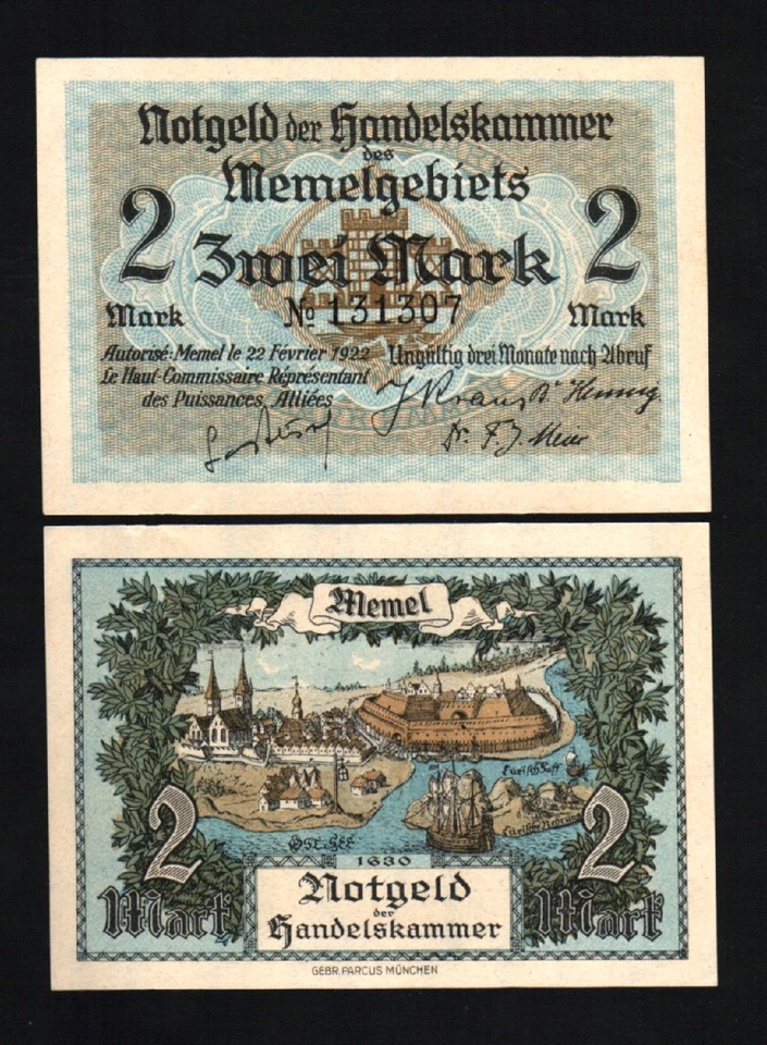 MEMEL GERMANY LITHUANIA 2 MARK P3 1922 SHIP RIVER VILLAGE SCENE EURO UNC RARE BN - Image 1 of 1