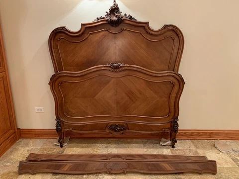 Beautiful French Antique Carved Walnut Louis XV Full Size Bed w/Rails Cover