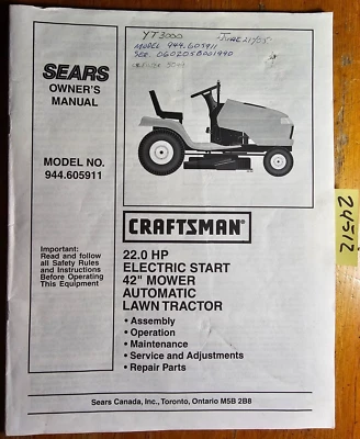 Sears Craftsman 944.605911 22HP 42" Cortacésped Tractor Operador y Manual de Piezas Foto 1 de 4