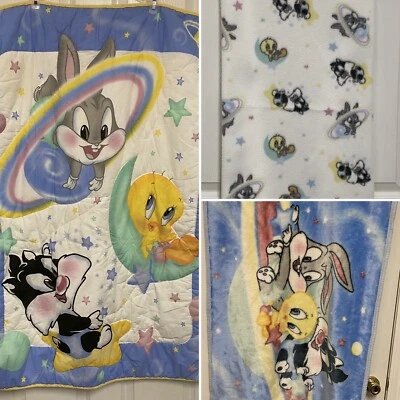 3 Vintage Baby Looney Tunes Tweety Outer Space Bugs Minky Plush Crib Blanket Set - Image 1 of 4