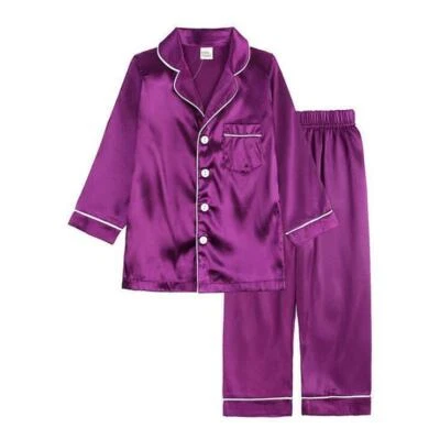Kids Boys Girls Silk Satin Pajamas Suit S Nightwear PJS Xmas Sleepwear Sets - Image 1 of 4