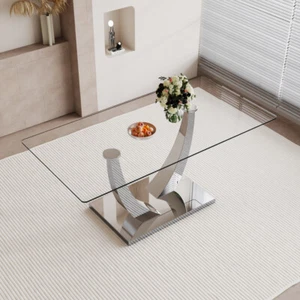 Rectangular dining table with transparent glass tabletop and silver table legs - Picture 1 of 20