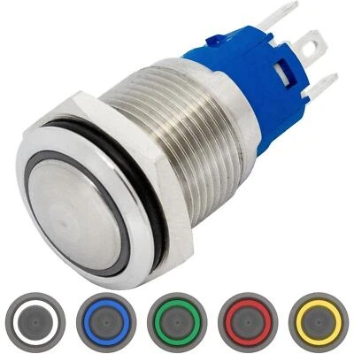 Stainless steel Push button domed Ø16mm Ring LED IP65 2,8x0,5mm Pins 250V 3A Van - Image 1 of 3