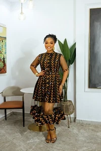 MYTRIBENG MIYE AFRICAN PRINT MESH DRESS (BLACK) - Picture 1 of 6