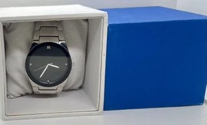 New In Box Mens Watch Fresh Battery Black Minimalist Dial 7-1/2” Silver Band - Picture 1 of 4