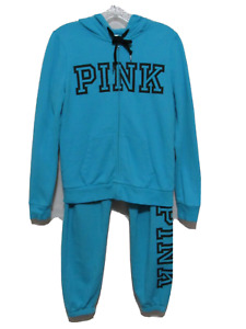 Pink Victoria's Secret Track Jog Set Womens Size Small Blue Spell Out Zip Hoodie