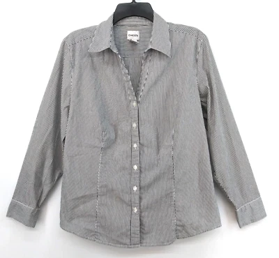 Camisa Chicos Feminina Tamanho 2 Preta Cinza Linha Metálica Listra de Giz Manga Longa Top - Imagem 1 de 4