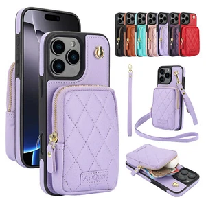 For iPhone 16 Pro Max 15Plus 14 13 12 11 Crossbody Strap Zipper Card Wallet Case - Picture 1 of 55