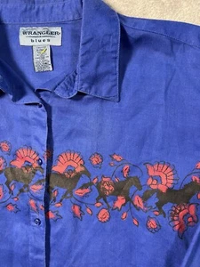 Camicia vintage Wrangler Blues donna XL manica lunga con bottoni cavallo floreale blu - Foto 1 di 7