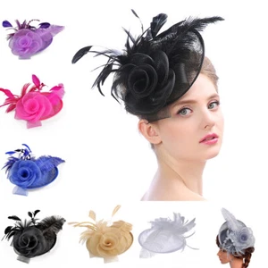 Flower Feather Hair Hat Fascinator Headband Clip Wedding Royal Ascot Formal Race - Picture 1 of 18