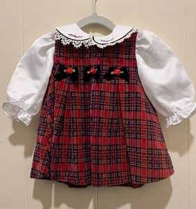 Vintage Baby Togs Holiday Plaid Lace Collar Velvet Bows Dress—6-9M - Picture 1 of 6