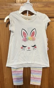 Outfit 2T Bunny Grafik T-Shirt & gestreifte Stretchhose + Ohren & Buch NEU FS - Bild 1 von 12
