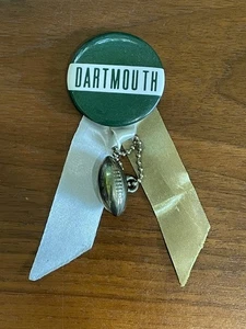 VTG 1950s Dartmouth University Football Pinback Green White Ribbons & Pendant - Picture 1 of 7
