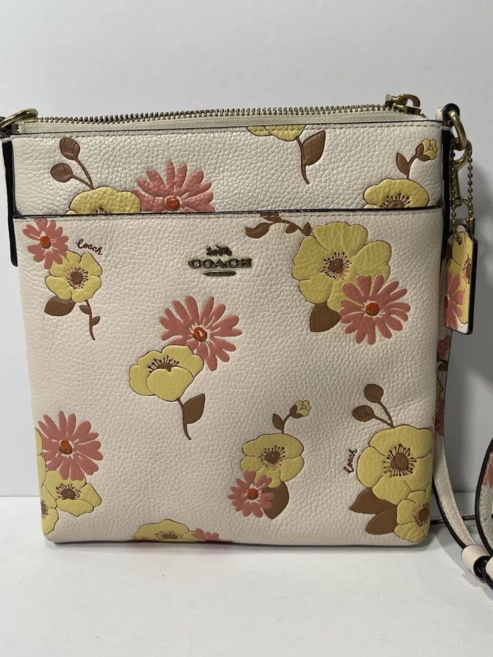 Bandolera Coach Floral Swingpack Crema Amarillo Rosa Bolso de Cuero Cartera Auténtica Foto 1 de 4