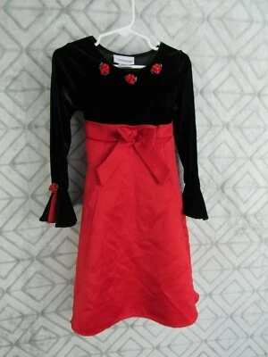 Youngland Dress Size 5 Girl Red Black Bell Sleeves Tie Belt Lined Flowers Formal - Image 1 of 4