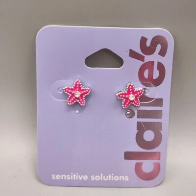 Claire's Small Silver Tone Pink Rhinestone Starfish Ocean Sea Stud Post Earrings - Image 1 of 3