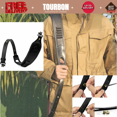 Tourbon Hunting Leather Rifle Sling Swivel Padded Shoulder Gun Strap Ammo Holder - Image 1 of 4