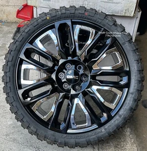 24” GMC Sierra Yukon BLACK  CHROME WHEELS Silverado Tahoe 35” RT TIRES TPMS - Picture 1 of 5