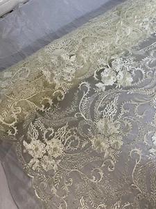 1 mtr cream embroidered  pearl scalloped bridal tulle net fabric 52” wide - Picture 1 of 5
