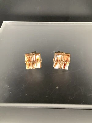 Vintage Gold Tone Brown & White Agate Cufflinks Square Wrapped Estate EUC - Image 1 of 4