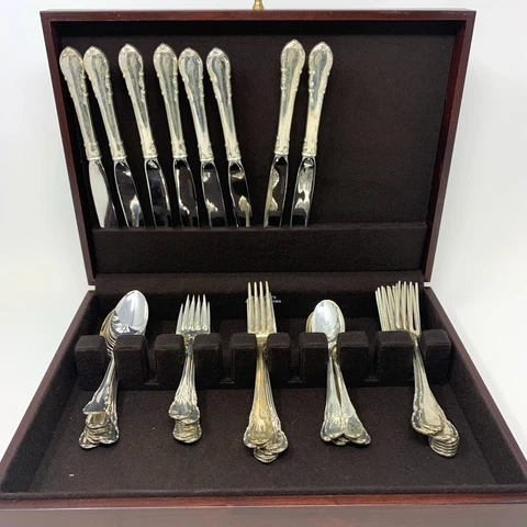 Lunt Modern Victorian Sterling Silver Flatware 48 pc Service for 8 Wood Chest Cover