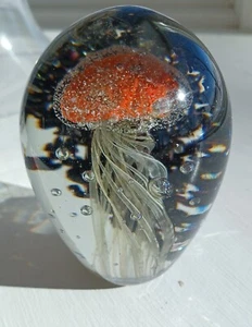 Art Glass Paperweight Orange Jellyfish w Bubbles & dark background 2.25 lbs. - Picture 1 of 12