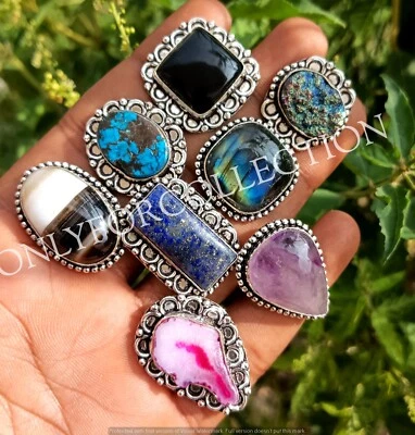 Ágata y mezcla de piedras preciosas enchapadas en plata de ley 925 lote al por mayor anillos joyería Foto 1 de 3