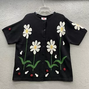 The Quacker Factory Black Short Sleeve Cardigan Sweater Daisy Lady Bug Size 1X - Picture 1 of 19
