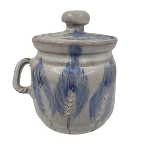 Blue Wheat Feather Glazed Stoneware 4.5” Jar with Lid Salt Sugar Artist Signed - Picture 1 of 8