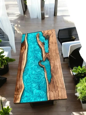 Epoxy Resin Dining Table Top Handmade Wooden Live Edge Office Meeting Furniture - Image 1 of 4
