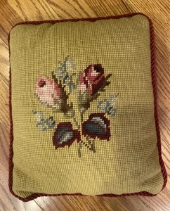 Vintage Victorian Floral Needlepoint Pillow Roses Burgundy Sage Yellow 11x9” - Picture 1 of 10
