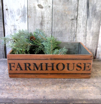 Antique Wood Box Pumpkin and Green Milk Paint Farmhouse Stencil - Image 1 of 4
