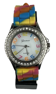 Geneva Platinum Women's Watch Rhinestone 38mm Bezel Rainbow Band New Battery - Image 1 of 4