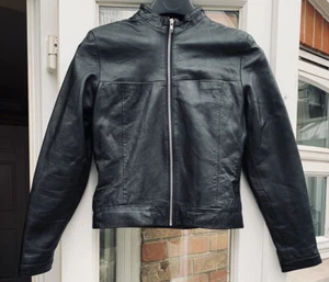 WINDSOR LADIES black biker Real Leather jacket coat UK12 C34”L22” Good Condition - Picture 1 of 12